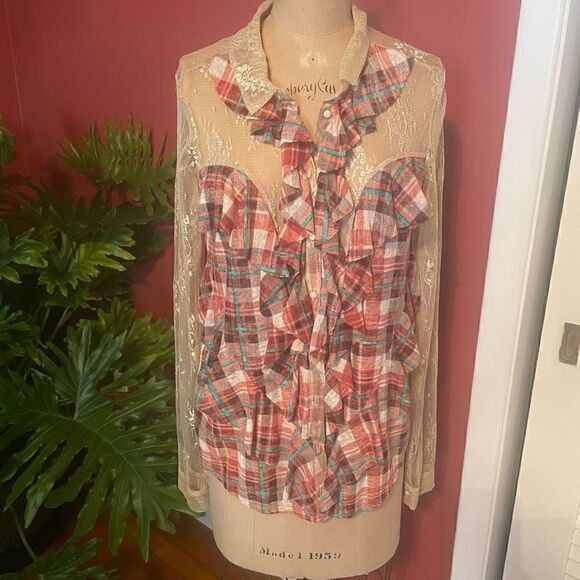 FREE PEOPLE | lace & plaid bohemian button down blouse M - Picture 1 of 8